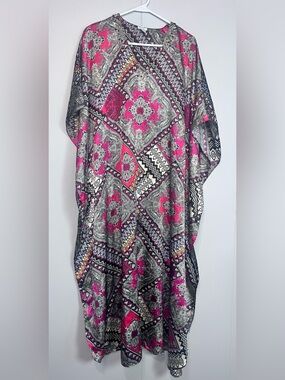 Santé Classics One Size Boho Paisley Kimono Caftan Pink Black Geometric Print